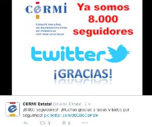 Imagen del tweet con el agradecimiento del CERMI por los 8.000 seguidores