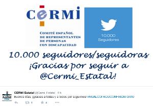 Imagen de un tuit del CERMI agradeciendo los 10.000 seguidores