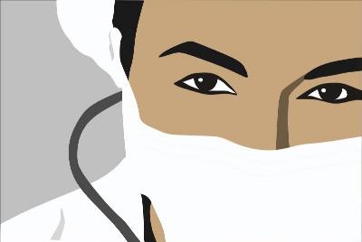 Primer plano de una doctora o enfermera con mascarilla (en viñeta)