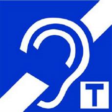 Cartel azul con el símbolo internacional de usuarios de audífonos con posición “T”
