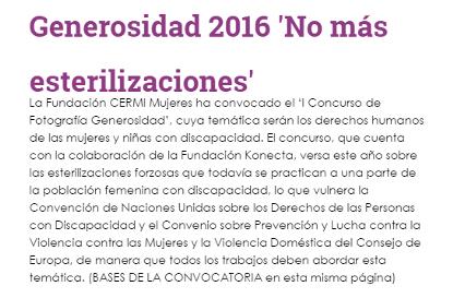 Detalle de una notica de la Fundación CERMI Mujeres sobre un concurso fotográfico para acabar con la esterilización forzosa de niñas con discapacidad