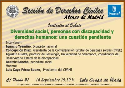 Imagen de la invitación al Ateneo para el debata: 'Diversidad, derechos humanos y personas con discapacidad: una cuestión pendiente'