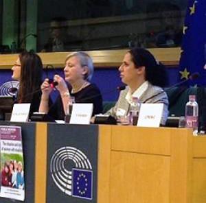 Ana Peláez, vicepresidenta ejecutiva de la Fundación CERMI Mujeres, durante su intervención en la Comisión de Derechos de la Mujer e Igualdad de Género de la Eurocámara