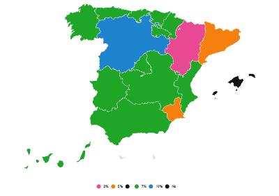 Mapa de España con diferentes colores que definen diferentes gestiones