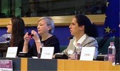 Ana Peláez, vicepresidenta ejecutiva de la Fundación CERMI Mujeres, durante su intervención en la Comisión de Derechos de la Mujer e Igualdad de Género de la Eurocámara