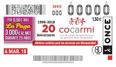 La ONCE dedica un cupón al XX aniversario del Cocarmi