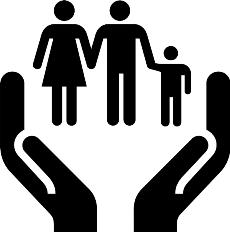 Ilustración de una manos protegiendo a una familia