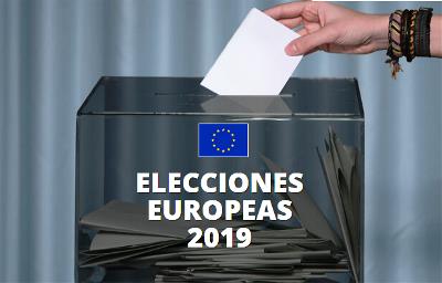 Imagen de la web de las elecciones europeas 2019, donde se ve una urna con votos y la fecha del día de la votación