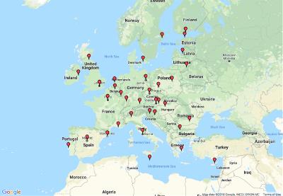 Mapa de Europa con marcas sobre los países que participan en las elecciones