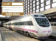 Tren de Renfe con imagen superpuesta de la tarjeta dorada