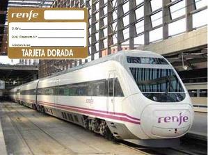 Tren de Renfe con imagen superpuesta de la tarjeta dorada
