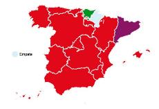 Mapa autonómico dibujado con los colores de los partidos que han ganado las elecciones