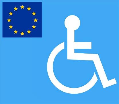 Ilustración de una persona en una silla de ruedas con una bandera de la UE a un lado