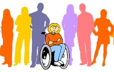 Ilustración de una mujer con discapacidad rodeada de más personas