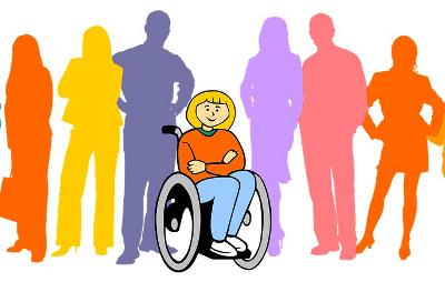 Ilustración de una mujer con discapacidad rodeada de más personas