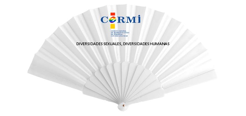 Abanico con el logotipo del CERMI y con el lema 'Diversidades sexuales - diversidades humanas'