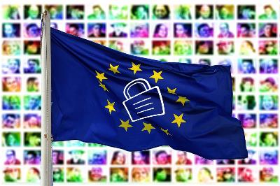 Bandera de la UE, con un candado dibujado en el centro de la misma.