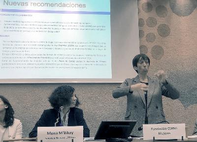 la presidenta de la FCM, Concha Díaz, durante la sesión preparatoria del Examen Periódico Universal de derechos humanos al que será sometida España en enero de 2020