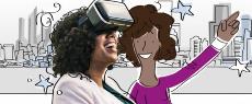 Dibujo de dos mujeres sonriendo, mientras una de ellas usa gafas de realidad virtual.