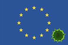 Bandera de la UE y en una esquina una imagen del coronavirus