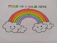 Dibujo de arco iris y nubes donde se lee "todo va a salir bien"