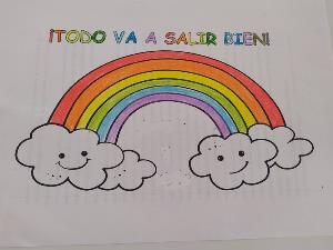 Dibujo de arco iris y nubes donde se lee "todo va a salir bien"
