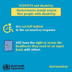Imagen de la OMS con texto donde se lee: "Los gobiernos deben garantizar que las personas con discapacidad no se queden atrás en la respuesta al coronavirus"