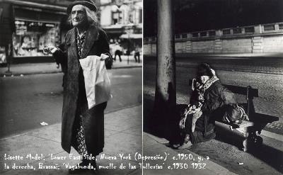 Lisette Model: ‘Lower East Side, Nueva York (Depresión)’ c.1950, y, a la derecha, Brassaï: ‘Vagabunda, muelle de las Tullerías’ c.1930–1932
