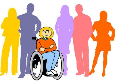 Ilustración de una mujer en silla de ruedas rodeada de siluetas de otras personas
