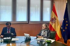 La vicepresidenta Nadia Calviño participando en una reunión de ministros de Economía y Finanzas europeos
