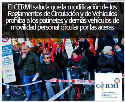 El CERMI saluda que la modificación de los Reglamentos de Circulación y de Vehículos prohíba a los patinetes y demás vehículos de movilidad personal circular por las aceras