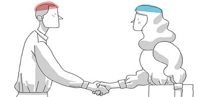 Ilustración de Fedace sobre el empleo en daño cerebral, con dos personas que se dan la mano, la zona del cerebro es de distinto color