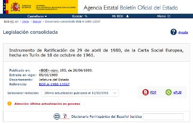 Web del BOE que publica el instrumento de ratificación de la Carta social europea revisada, que entra en vigor en España el próximo 1 de julio