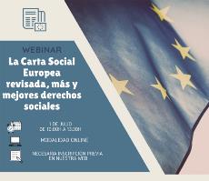 Cartel del webinario del próximo 1 de julio sobre los avances en derechos sociales tras la reciente ratificación de la Carta Social Europea revisada