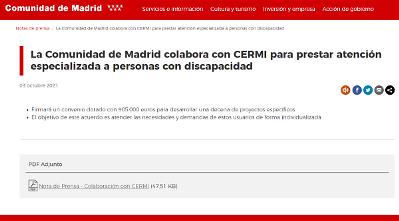 Detalle de la web de la Comunidad de Madrid anunciando su colaboración con CERMI Madrid