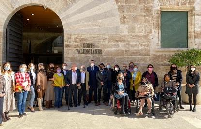 Foto de familia de la Comisión de Discapacidad a las puertas de las Cortes Valencianas