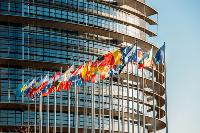 Hilera de banderas en primer plano delante del edificio del Consejo Europeo