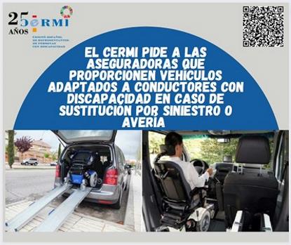 Creatividad en la que se muestran vehículos adaptados y el texto: El CERMI pide a las aseguradoras que proporcionen vehículos adaptados a conductores con discapacidad en caso sustitución por siniestro