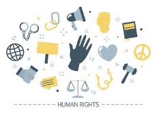 Infografía con varios objetos que aluden a los derechos humanos.
