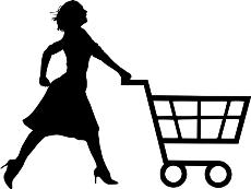 Silueta de una mujer empujando un carrito de la compra.