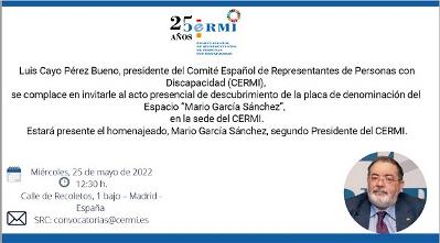 Invitación al acto presencial de descubrimiento de la placa de denominación del Espacio "Mario García Sánchez", en la sede del CERMI