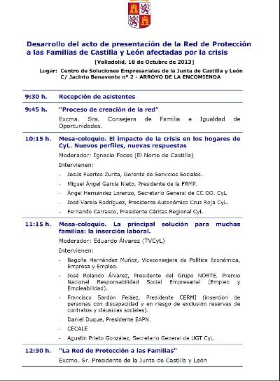 Programa del acto de presentación de la Red de protección a las familias de Castilla y León