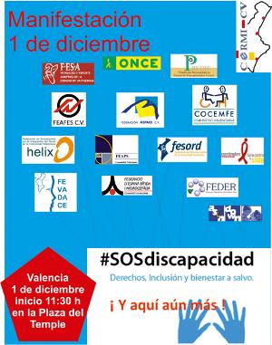 Cartel de la manifestación SOS Discapacidad del 1 de diciembre en la Comunidad Valenciana