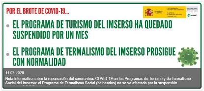 Aviso en la web del Imserso: El programa de turismo del Imserso ha quedado suspendido por un mes. El de termalismo prosigue con normalidad