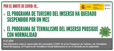 Aviso en la web del Imserso: El programa de turismo del Imserso ha quedado suspendido por un mes. El de termalismo prosigue con normalidad