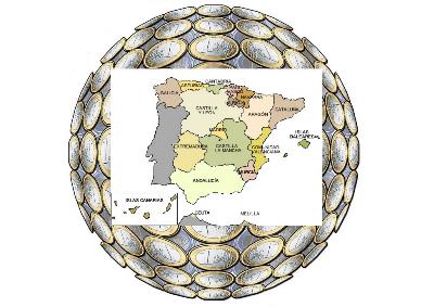 Ilustración con un mapa de las comunidades autónomas y de fondo una gran bola con dinero