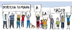 Ilustración del CERMI con personas con discapacidad que levantan pancartas donde se lee: "Derecho humano a la salud"