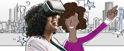 Dibujo de dos mujeres sonriendo, mientras una de ellas usa gafas de realidad virtual.