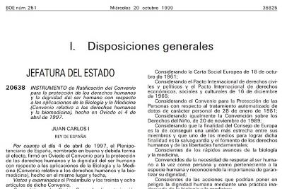 Detalle de la página del BOE INSTRUMENTO de Ratificación del Convenio para la protección de los derechos humanos y la dignidad del ser humano con respecto a las aplicaciones de la Biología y la Medici